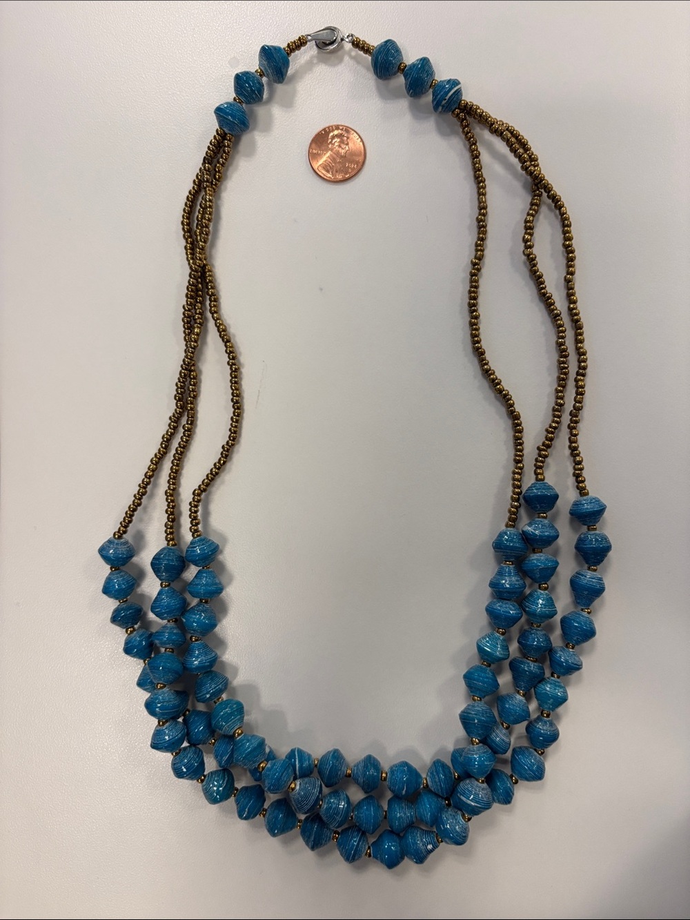Handmade Recycled Paper Blue Beaded Triple-Strand Necklace